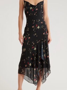 Nordstrom Black Floral Asymmetrical Slip Dress
